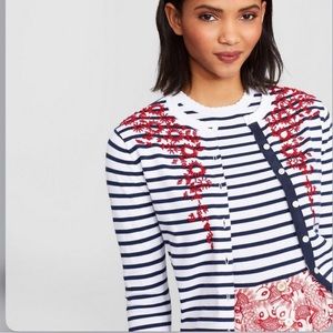 Brooks Brothers Floral Beaded Striped Cardigan white navy